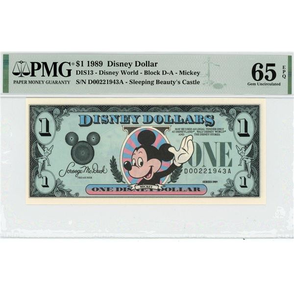 1989 $1 Mickey Disney Dollar PMG 65EPQ