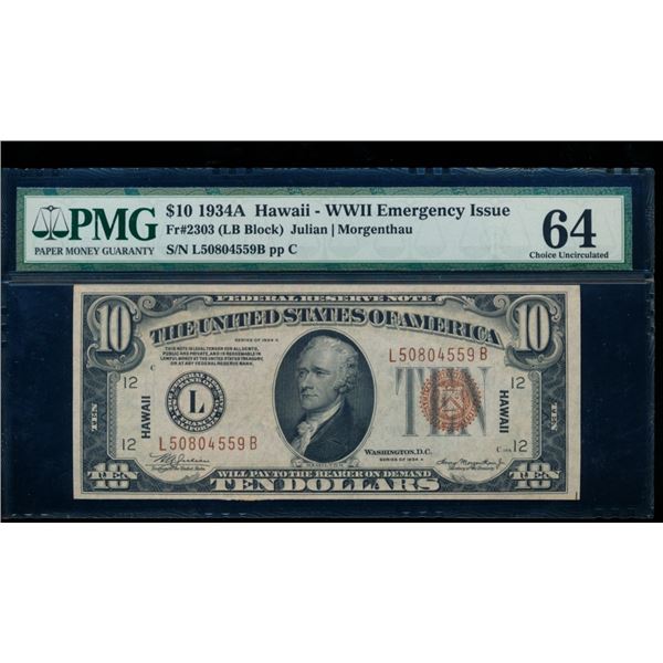 1934A $10 Hawaii FRN PMG 64