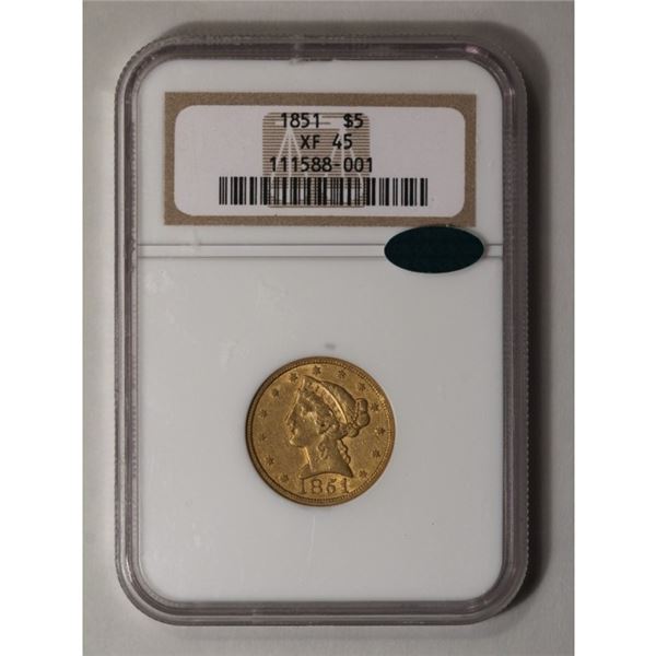 1851 $5 Liberty Head Half Eagle NGC XF45 CAC