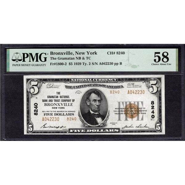 1929 $5 Bronxville NY National PMG 58
