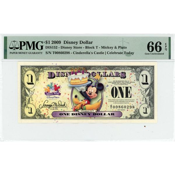 2009 $1 Mickey and Pluto Disney Dollar PMG 66EPQ