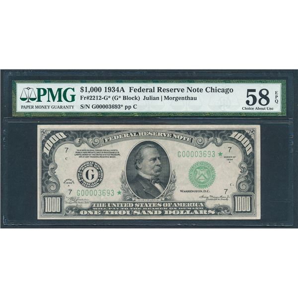 1934A $1000 STAR Chicago FRN PMG 58EPQ