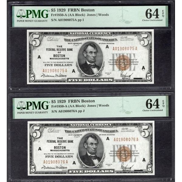 Lot of Two Consecutive 1929 $5 Boston FRBN PMG 64EPQ