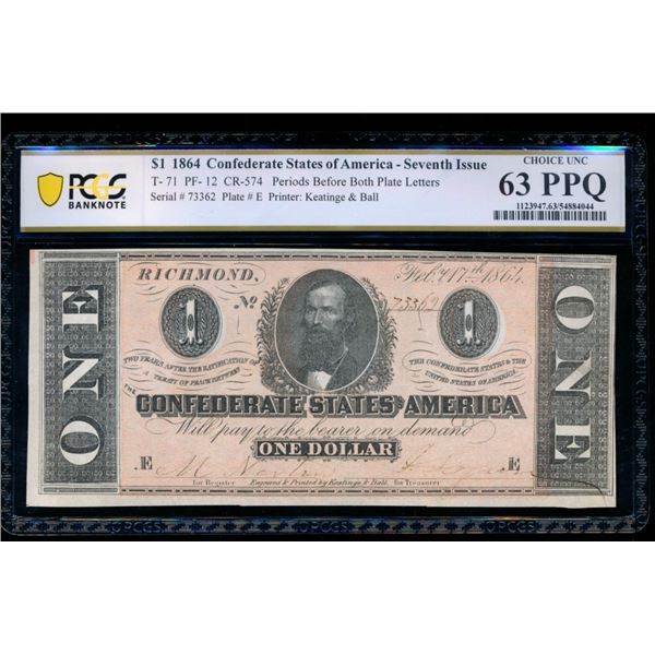 1864 $1 T-71 Confederate PCGS 63PPQ
