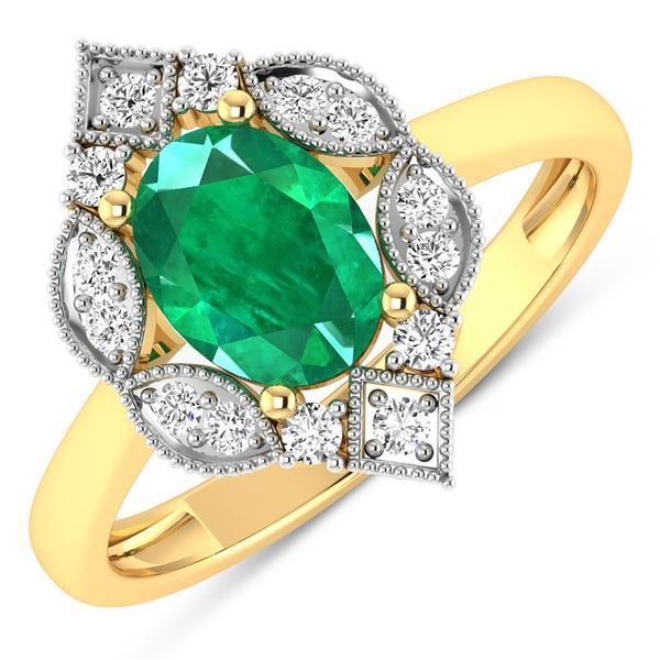 14KT Yellow Gold 1ctw Zambian Emerald and Diamond Ring