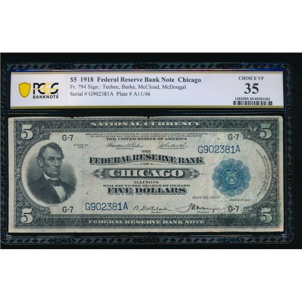 1918 $5 Chicago FRBN PCGS 35