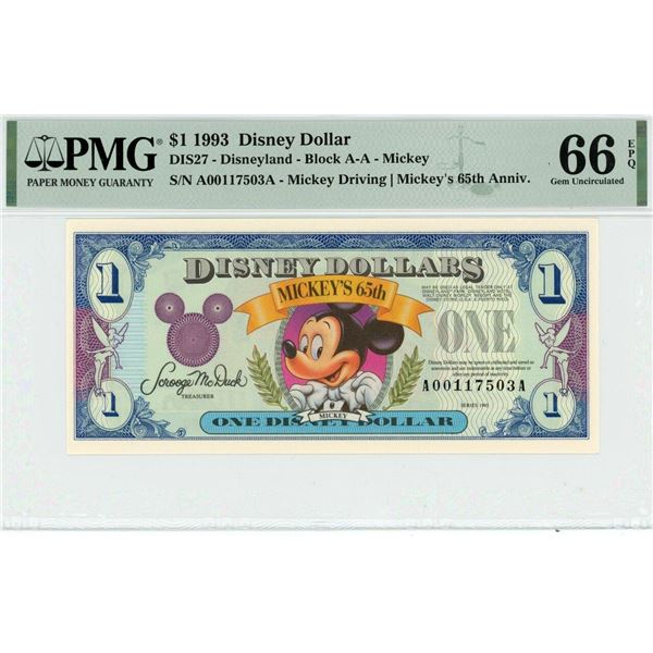 1993 $1 Mickey 65th Anniversary Disney Dollar PMG 66EPQ