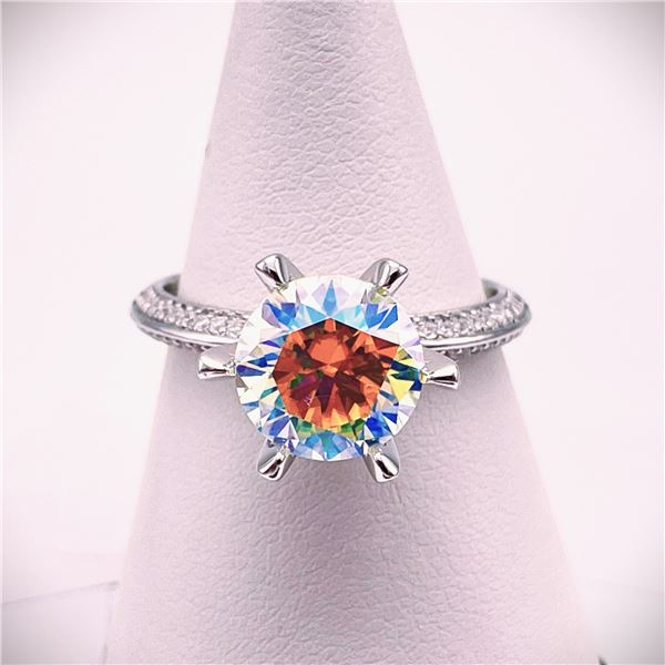 Plated 14KT White Gold 3 Ct VVs1 Rainbow Fire Moissanite Ring