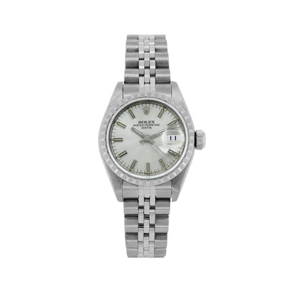 Rolex Ladies Stainless Steel Engine Turn Bezel Date Watch