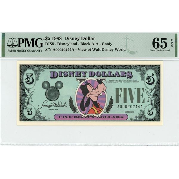 1988 $5 Goofy Disney Dollar PMG 65EPQ