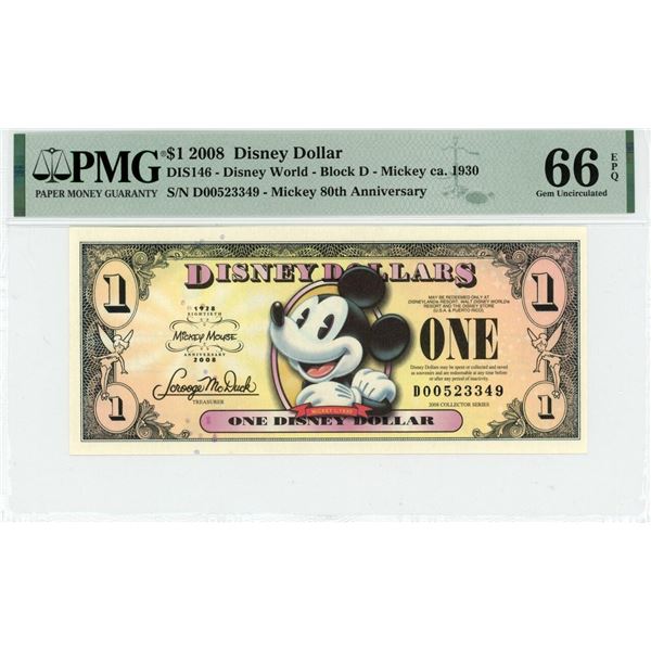 2008 $1 Mickey Disney Dollar PMG 66EPQ