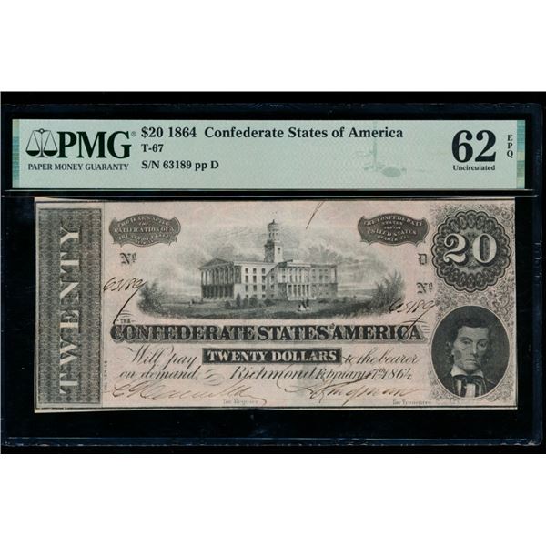 1864 $20 T-67 Confederate PMG 62EPQ
