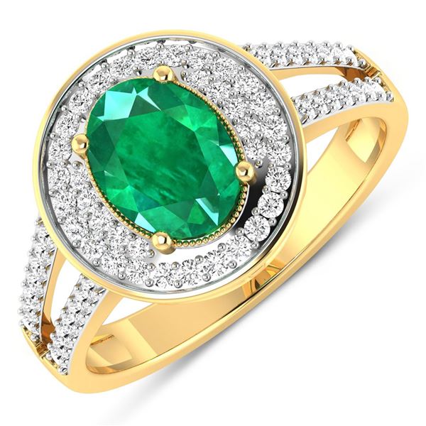 14KT Yellow Gold 1ctw Zambian Emerald and Diamond Ring