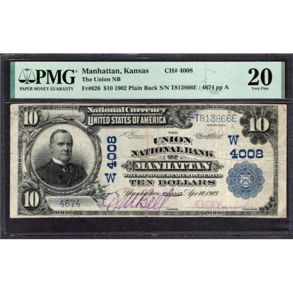 1902 $10 Manhattan KS National PMG 20