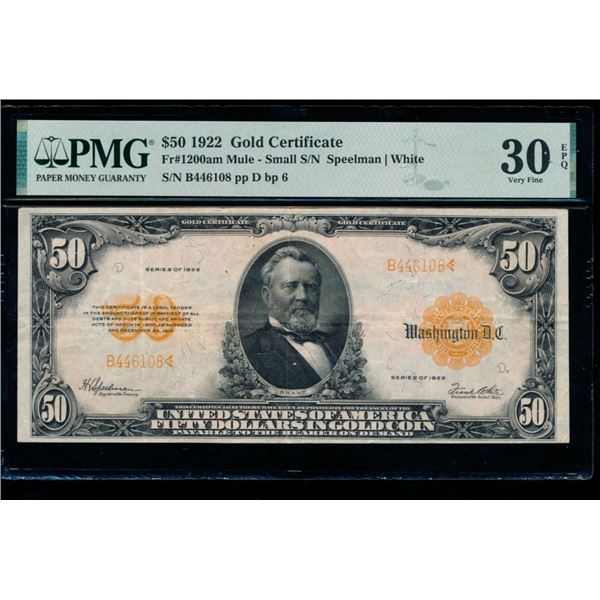 1922 $50 Mule Gold Certificate PMG 30EPQ