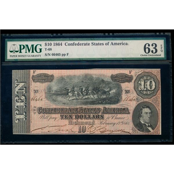 1864 $10 T-68 Confederate PMG 63EPQ