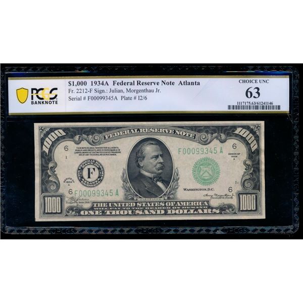 1934A $1000 Atlanta FRN PCGS 63