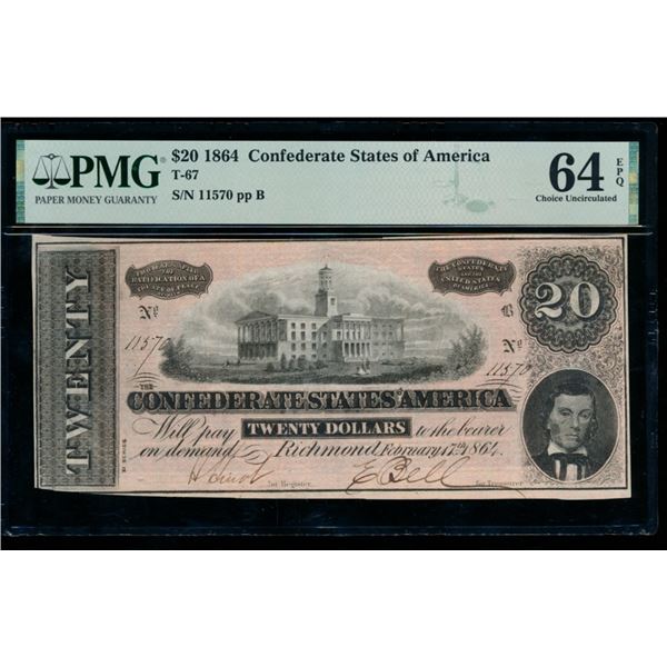 1864 $20 T-67 Confederate PMG 64EPQ