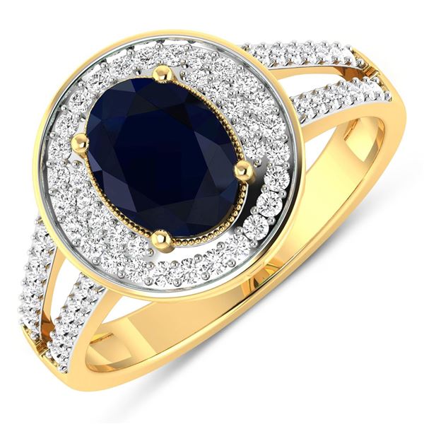 14KT Yellow Gold 1.3ctw Blue Sapphire and Diamond Ring