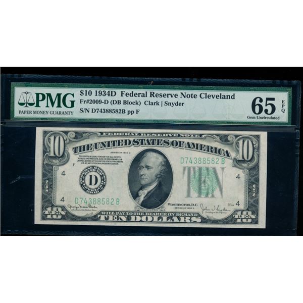 1934D $10 Cleveland FRN PMG 65EPQ