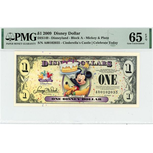 2009 $1 Mickey and Pluto Disney Dollar PMG 65EPQ