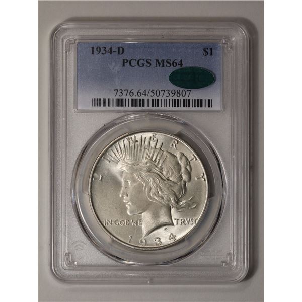 1934-D $1 Peace Silver Dollar PCGS MS64 CAC