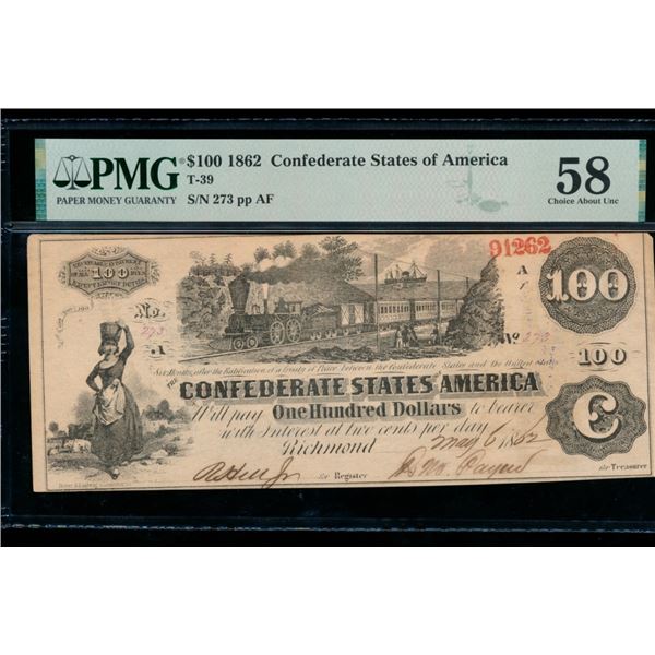 1862 $100 T-39 Confederate PMG 58