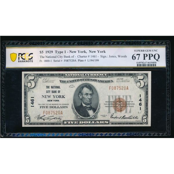 1929 $5 New York NY National PCGS 67PPQ