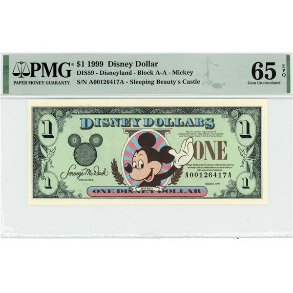 1999 $1 Mickey Disney Dollar PMG 65EPQ