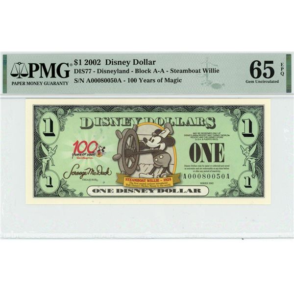 2002 $1 Steamboat Willie Disney Dollar PMG 65EPQ