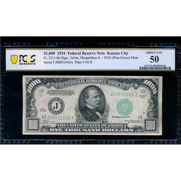 1934 $1000 Kansas City FRN PCGS 50