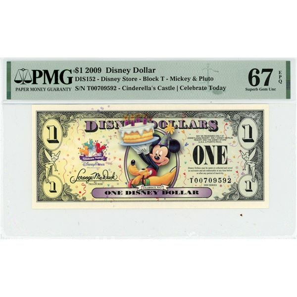 2009 $1 Mickey and Pluto Disney Dollar PMG 67EPQ