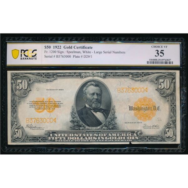 1922 $50 Gold Certificate PCGS 35