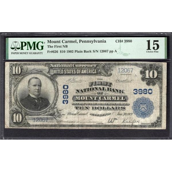 1902 $10 Mount Carmel PA National PMG 15