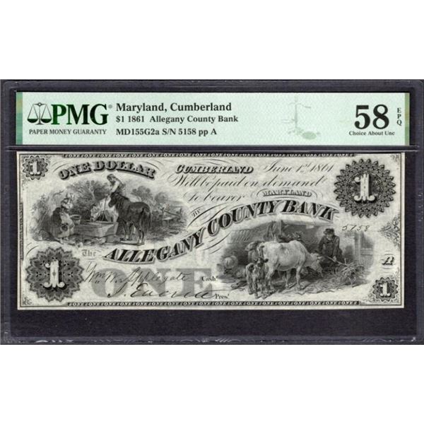 1861 $1 Cumberland MD Obsolete PMG 58EPQ