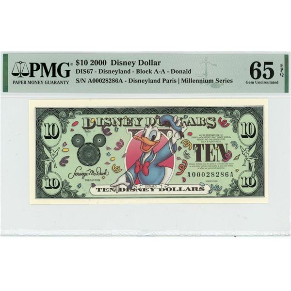 2000 $10 Donald Disney Dollar PMG 65EPQ
