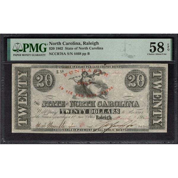 1862 $20 Raleigh NC Obsolete PMG 58EPQ