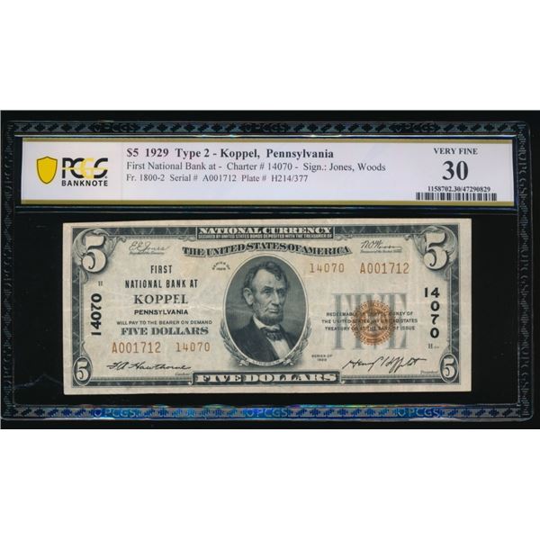 1929 $5 Koppel PA National PCGS 30