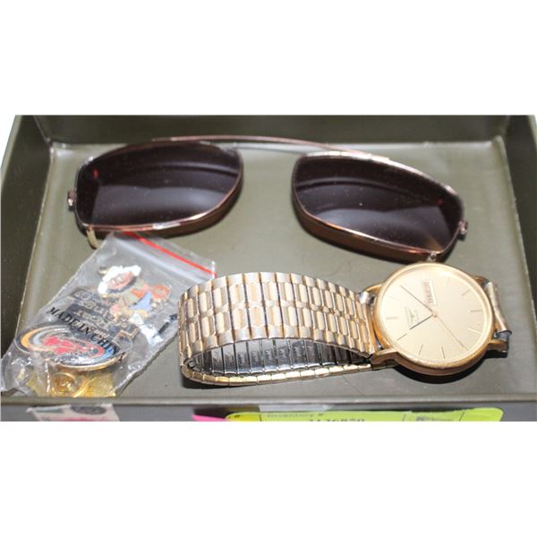 LONGINES WATCH, VINTAGE SUNGLASSES & PINS