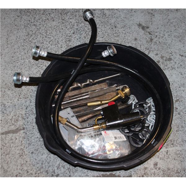 OIL PAN W/ (14) ASSORTED HARDWARE PIECES + 2 TORCH