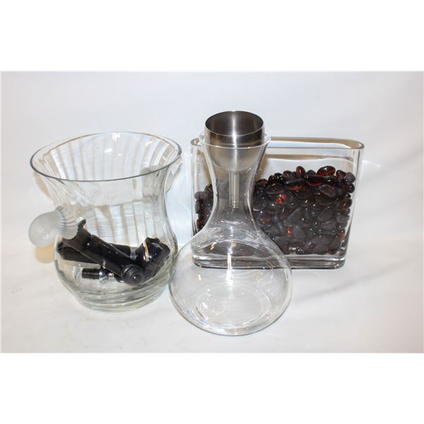 ICE BUCKET, DECANTER AND GLASS VASE