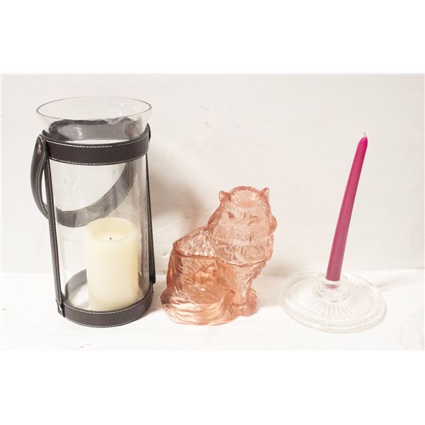 PINK DEPRESSION GLASS CAT LIDDED