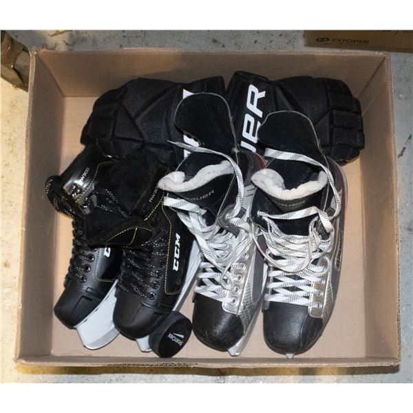BAUER 14” HOCKEY GLOVES, BAUER SKATES SIZE 11R