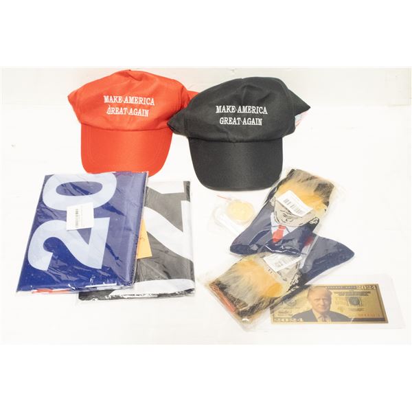 DONALD TRUMP LOT - 2 FLAGS, 2 HATS, 2 PAIRS SOCKS,