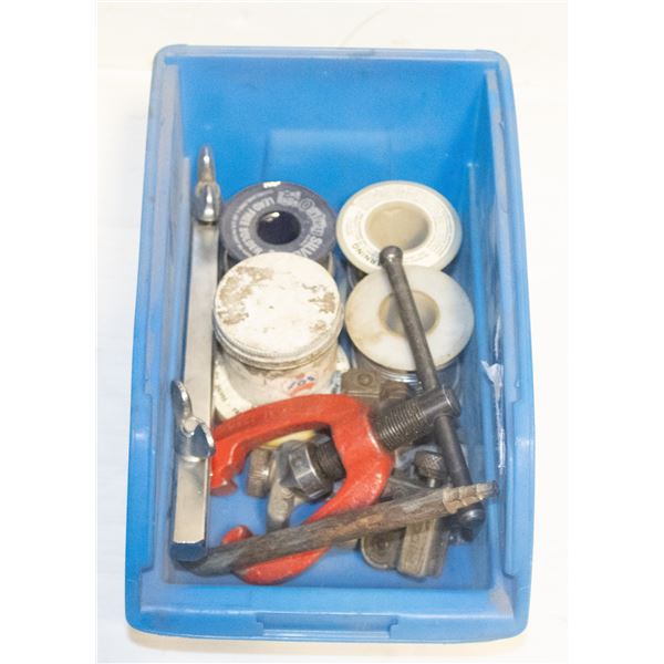 BIN OF PLUMBING SOLDER, TUBE CUTTERS, FLARE TOOL
