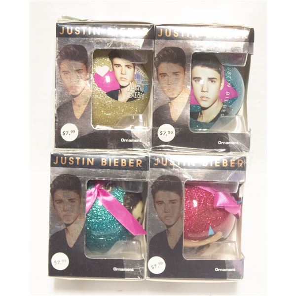 4 NEW JUSTIN BIEBER CHRISTMAS ORNAMENTS