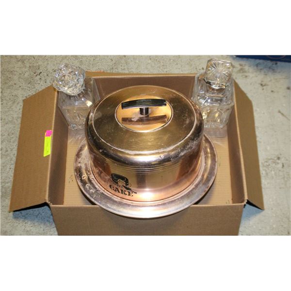 VINTAGE DECANTERS AND CAKE TIN