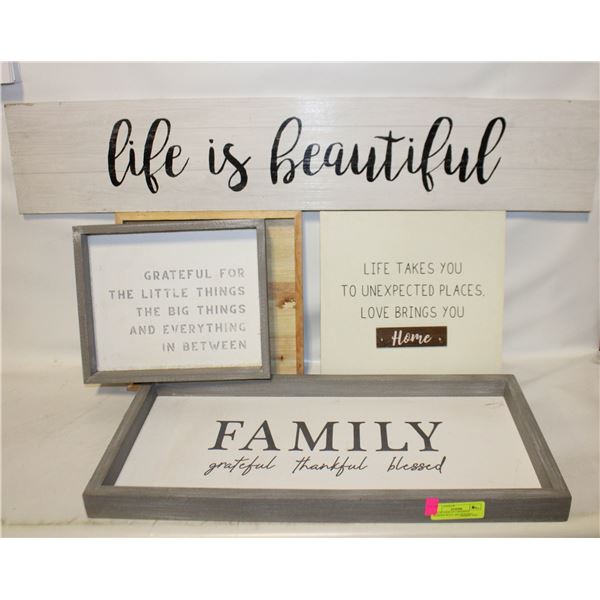 COLLECTION OF 5 POSITIVE WORDED WALL ART WOODEN