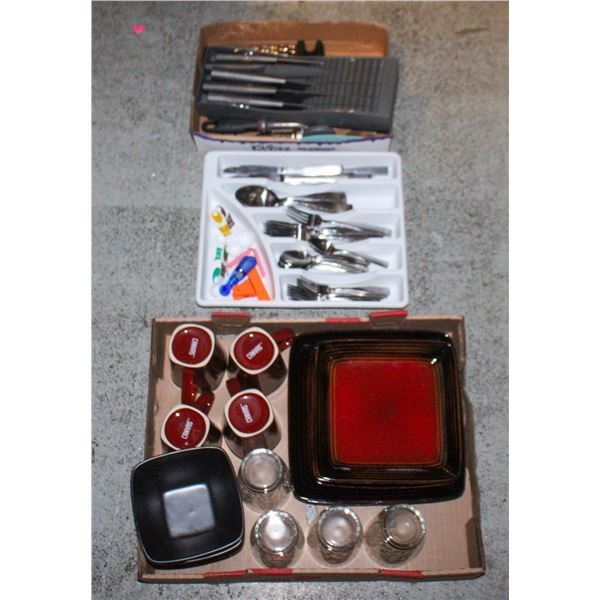 SET OF DISHES WITH FLATWARE AND KNIVES PLUS