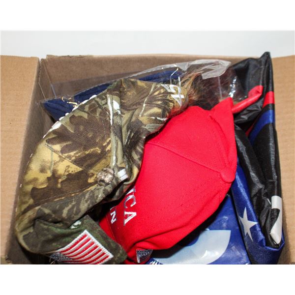 DONALD TRUMP LOT - 2 FLAGS, 2 HATS, SOCKS
